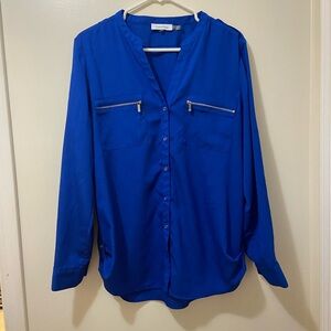 Calvin Klein Blue Buttoned Blouse with Mandarin Collar